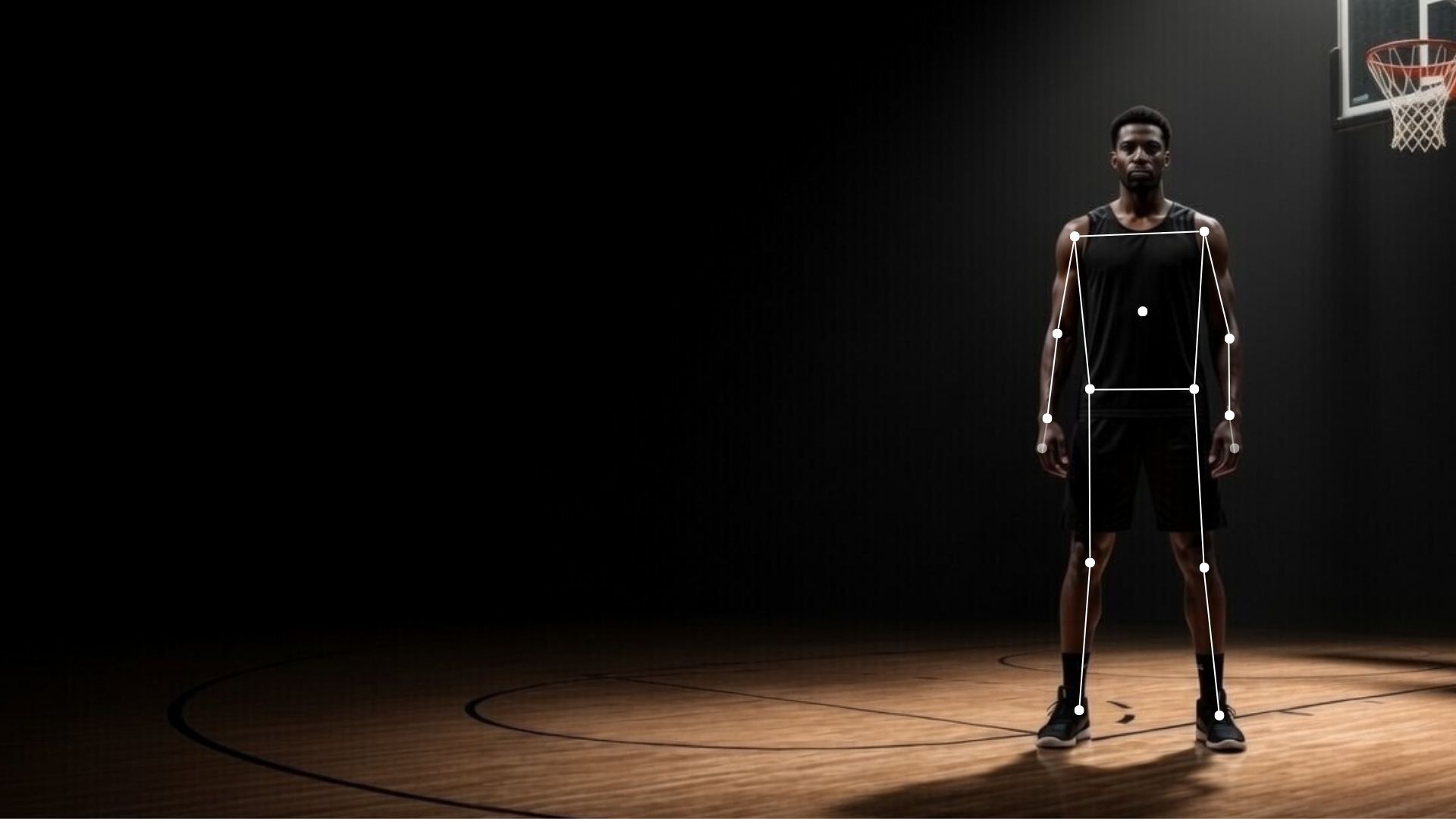 Basketball player with biomechanical tracking points.