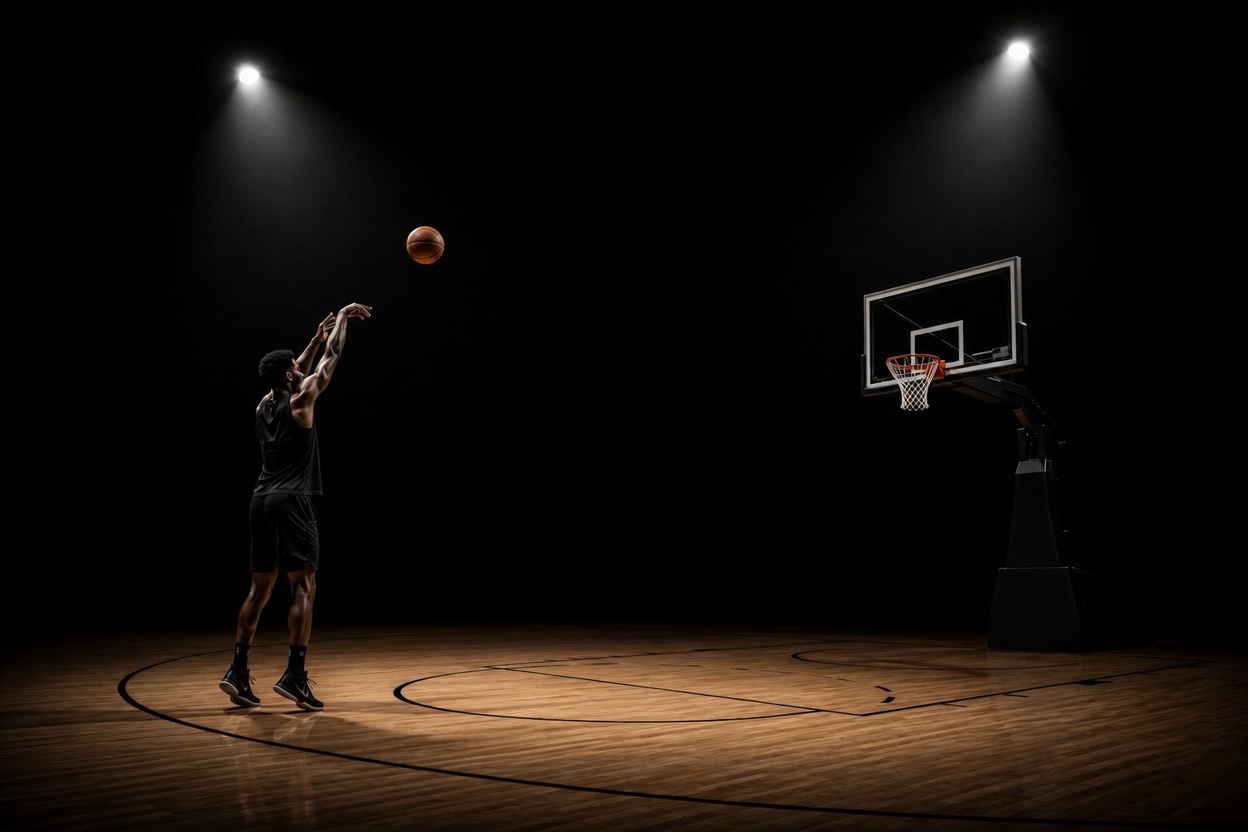 Basketball player shooting on a dark court.